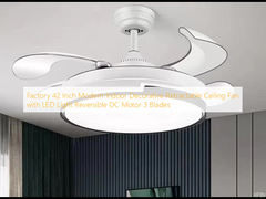 Factory 42 Inch Modern Indoor Decorative Retractable Ceiling Fan with LED Light Reversible DC Motor 3 Blades