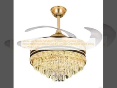 wholesale   Nordic Modern Dc Remote Control Glod Retractable Invisible Round K9 Crystal Chandelier Led Ceiling Fan With Light